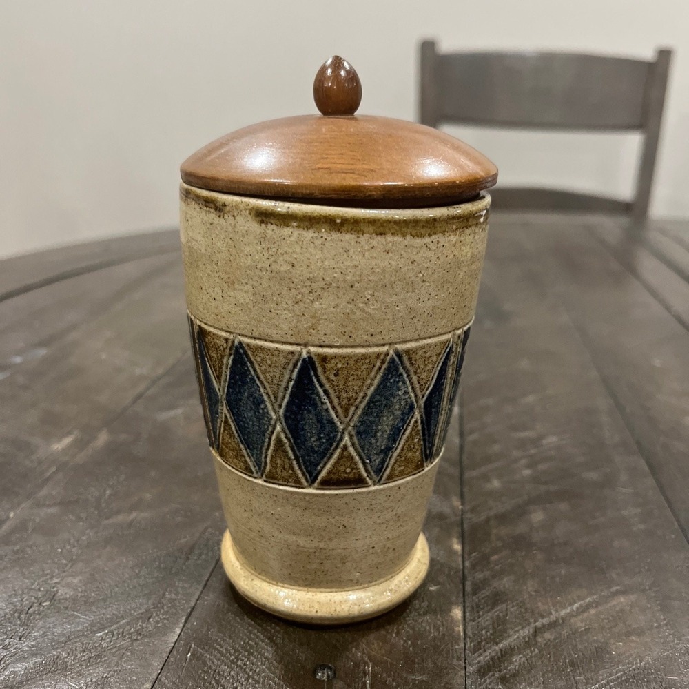 Bruce Stebner Art Pottery Stoneware Vase Container With Wooden Lid Geo Print‎